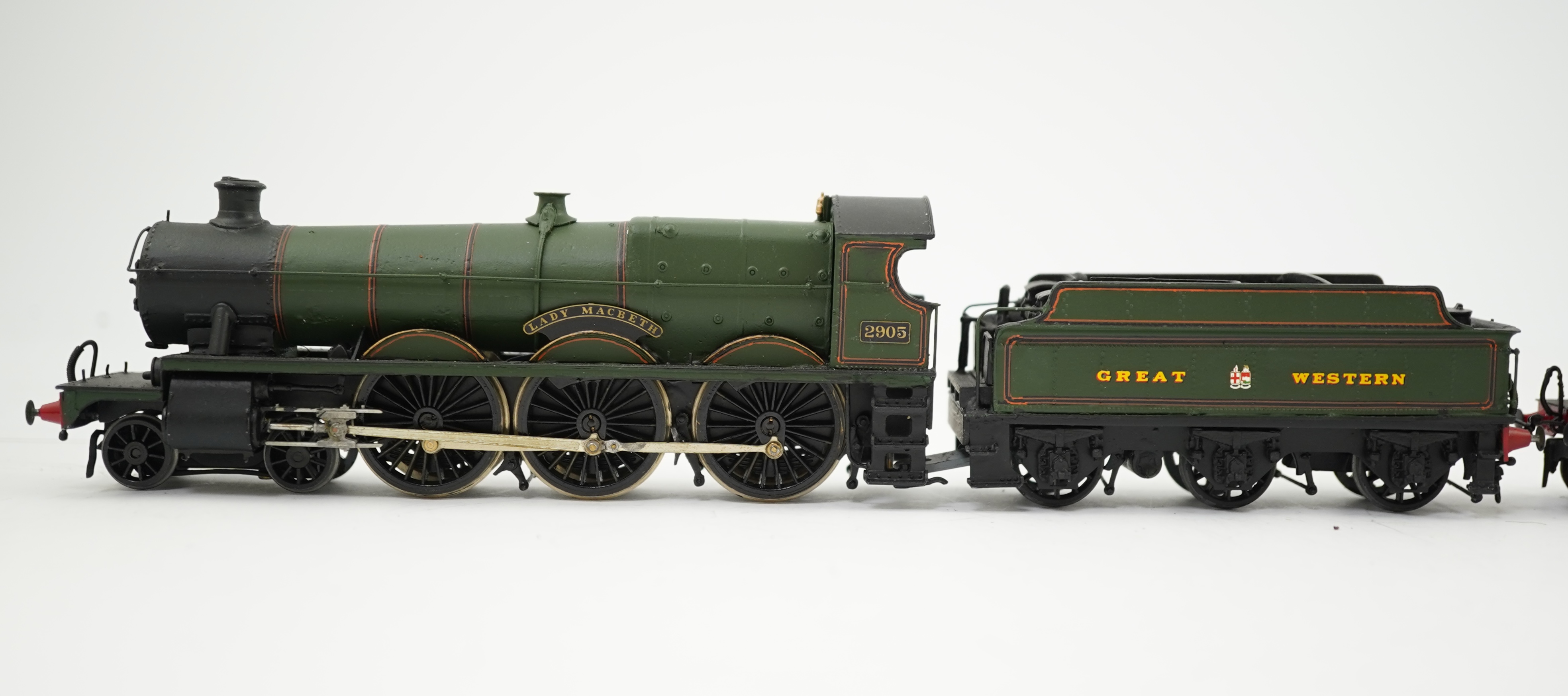 Two 00 gauge brass and white metal kit built GWR tender locomotives; a 2900 class 4-6-0, Lady Macbeth 2905, together with a Dean ‘Crocodile’ No.38 4-6-0, constructed, painted and lined to a high standard, both motored fo